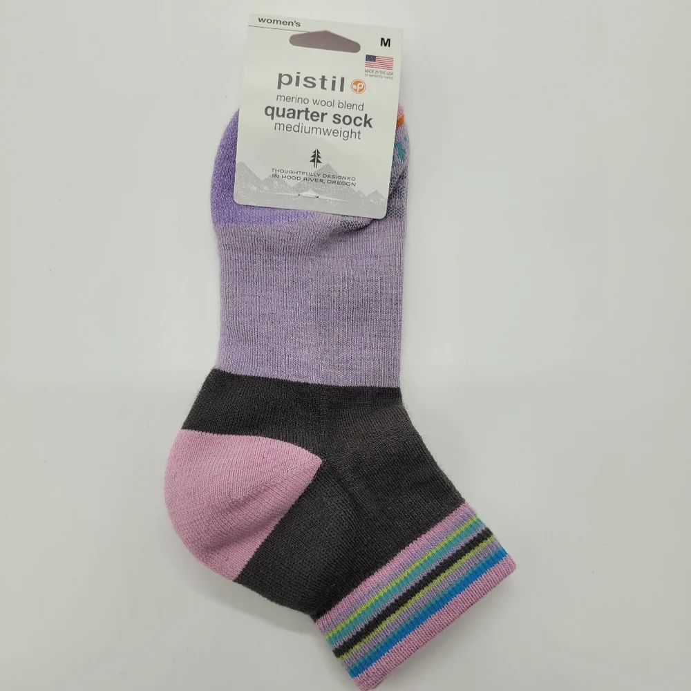 Pistil Kaiya Quarter Crew Socks Merino Wool Blend Purple Grey Womens Medium NEW